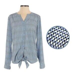Talbots blue tie front geometric print button down blouse shirt top
